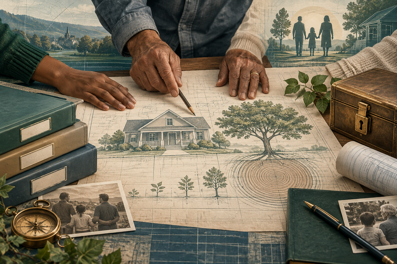 Three generations planning around a household blueprint, growing tree, records, and a modest home