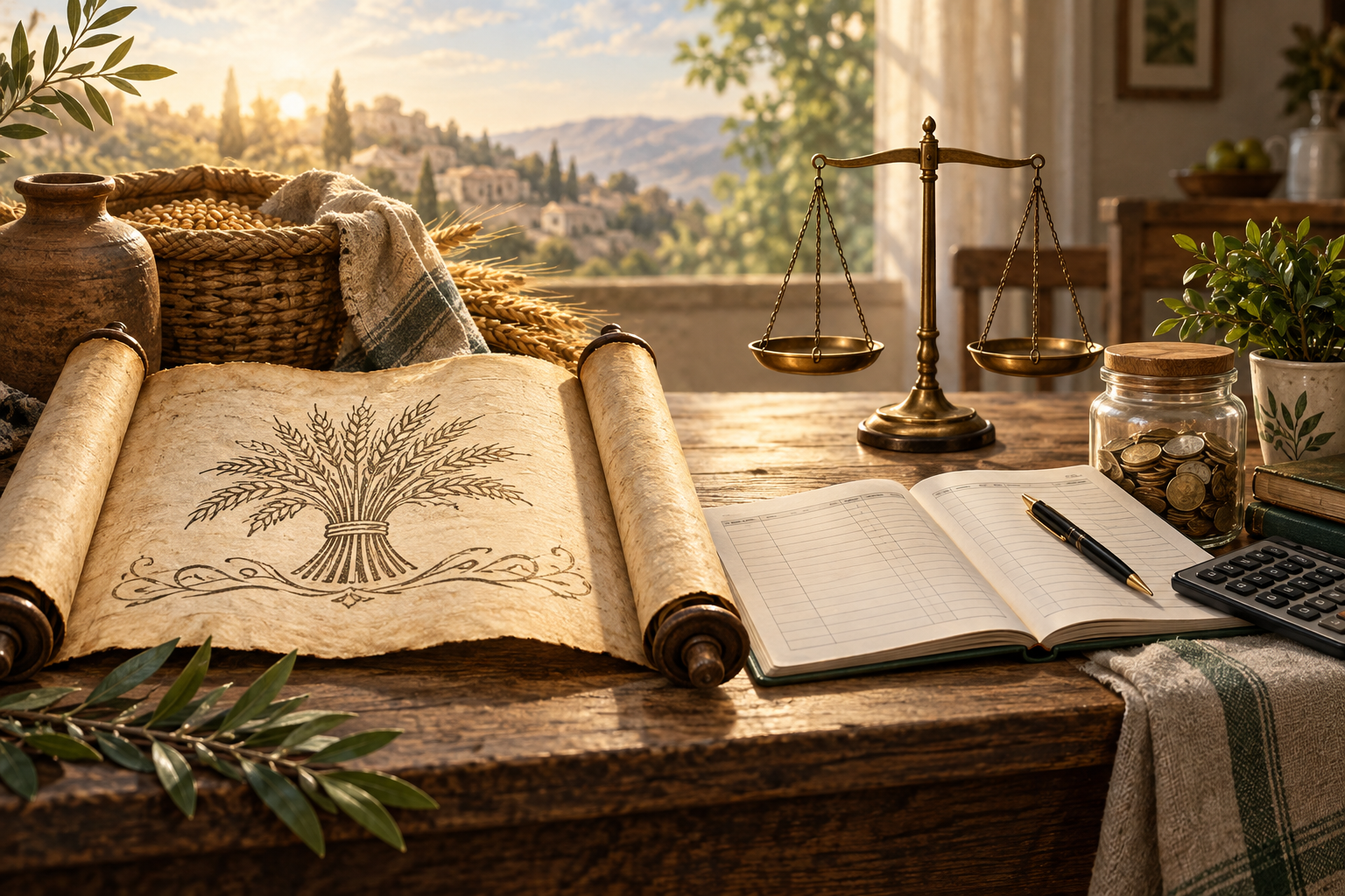 Ancient grain, balanced scales, and a modern household ledger illustrating Proverbs 3 stewardship