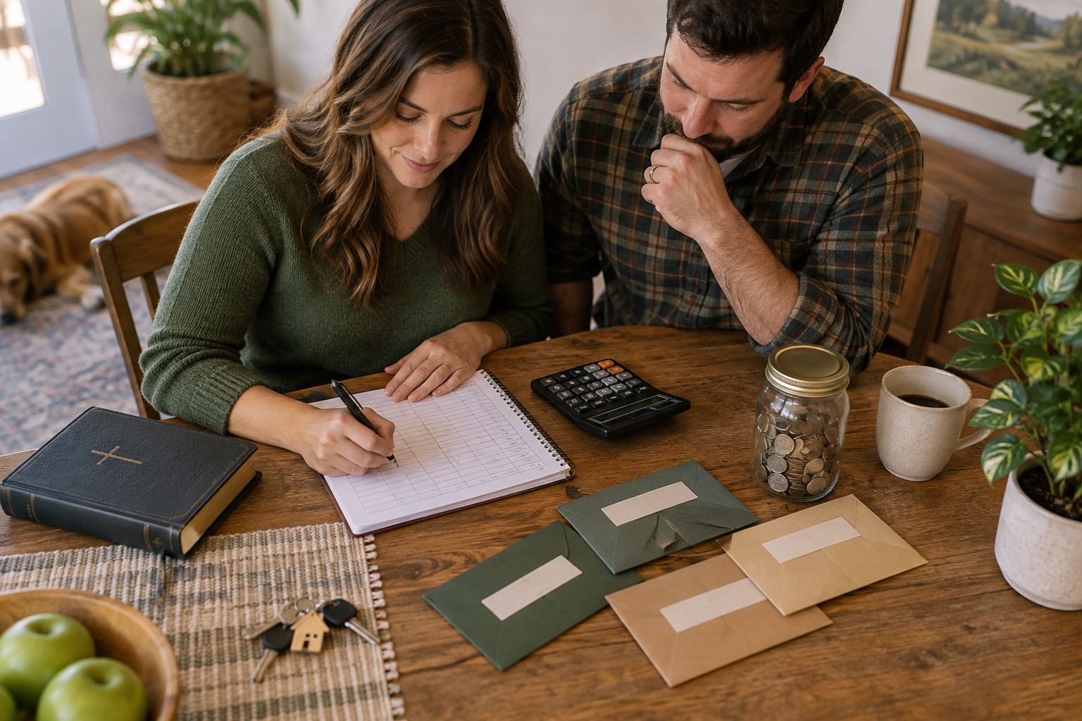 A couple reviewing a household ledger, calculator, savings jar, and envelope budget